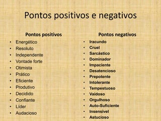 Pontos positivos e negativos
Pontos positivos
• Energético
• Resoluto
• Independente
• Vontade forte
• Otimista
• Prático
• Eficiente
• Produtivo
• Decidido
• Confiante
• Líder
• Audacioso
Pontos negativos
• Iracundo
• Cruel
• Sarcástico
• Dominador
• Impaciente
• Desatencioso
• Prepotente
• Intolerante
• Tempestuoso
• Vaidoso
• Orgulhoso
• Auto-Suficiente
• Insensivel
• Astucioso
 