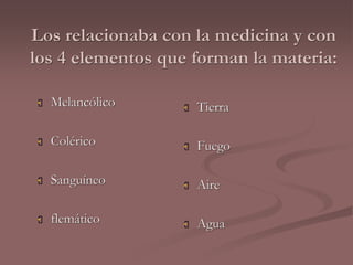 Los relacionaba con la medicina y con 
los 4 elementos que forman la materia: 
 Melancólico 
 Colérico 
 Sanguíneo 
 flemático 
 Tierra 
 Fuego 
 Aire 
 Agua 
 