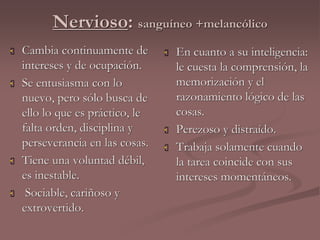 Nervioso: sanguíneo +melancólico 
 Cambia continuamente de 
intereses y de ocupación. 
 Se entusiasma con lo 
nuevo, pero sólo busca de 
ello lo que es práctico, le 
falta orden, disciplina y 
perseverancia en las cosas. 
 Tiene una voluntad débil, 
es inestable. 
 Sociable, cariñoso y 
extrovertido. 
 En cuanto a su inteligencia: 
le cuesta la comprensión, la 
memorización y el 
razonamiento lógico de las 
cosas. 
 Perezoso y distraído. 
 Trabaja solamente cuando 
la tarea coincide con sus 
intereses momentáneos. 
 