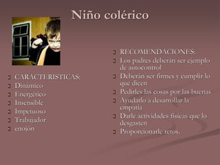 Niño colérico 
 CARACTERISTICAS: 
 Dinámico 
 Energético 
 Insensible 
 Impetuoso 
 Trabajador 
 enojón 
 RECOMENDACIONES: 
 Los padres deberán ser ejemplo 
de autocontrol 
 Deberán ser firmes y cumplir lo 
que dicen 
 Pedirles las cosas por las buenas 
 Ayudarlo a desarrollar la 
empatía 
 Darle actividades físicas que lo 
desgasten 
 Proporcionarle retos. 
 