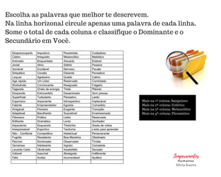Temperamentos
Humanos
Silvia Soares
Escolha as palavras que melhor te descrevem.
Na linha horizonal circule apenas uma palavra de cada linha.
Some o total de cada coluna e classifique o Dominante e o
Secundário em Você.
Mais na 1ª coluna: Sanguíneo
Mais na 2ª coluna: Colérico
Mais na 3ª coluna: Melancólico
Mais na 4ª coluna: Fleumático
 