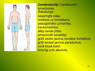 12
Cerebratoniķi (“cerebrums”-
smadzenes
Raksturīgs:
saspringta stāja;
nosliece uz domāšanu;
paaugstināta uzmanība,
trauksmainība;
slēpj savas jūtas;
emocionāli savaldīgi;
grūti veidot jaunus sociālus kontaktus;
grūti ieviest jaunus paradumus;
runā klusā balsī;
noturīgi pret alkoholu.
 