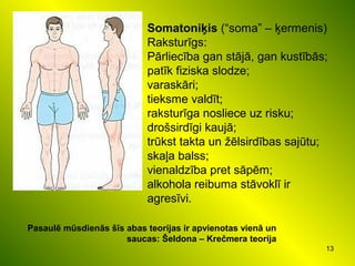 13
Somatoniķis (“soma” – ķermenis)
Raksturīgs:
Pārliecība gan stājā, gan kustībās;
patīk fiziska slodze;
varaskāri;
tieksme valdīt;
raksturīga nosliece uz risku;
drošsirdīgi kaujā;
trūkst takta un žēlsirdības sajūtu;
skaļa balss;
vienaldzība pret sāpēm;
alkohola reibuma stāvoklī ir
agresīvi.
Pasaulē mūsdienās šīs abas teorijas ir apvienotas vienā un
saucas: Šeldona – Krečmera teorija
 