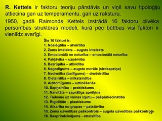 14
1950. gadā Raimonds Kettels izstrādā 16 faktoru cilvēka
personības struktūras modeli, kurā pēc būtības visi faktori ir
vienlīdz svarīgi.
R. Kettels ir faktoru teoriju pārstāvis un viņš savu tipoloģiju
attiecina gan uz temperamentu, gan uz raksturu.
Šie 16 faktori ir:
1. Noslēgtība – atvērtība
2. Zems intelekts – augsts intelekts
3. Emocionālā ne noturība – emocionālā noturība
4. Pakļāvība – uzņēmība
5. Bezrūpība – atbildība
6. Negodīgums – augsta morāle (sirdsapziņa)
7. Nedrošība (bailīgums) – drošsirdība
8. Cietsirdība – mīkstsirdība
9. Aizdomīgums – uzticēšanās
10. Sapņainība – praktiskums
11. Naivitāte – saprātīgs aprēķins
12. Tieksme uz vainas izjūtu – pašpārliecinātība
13. Rigiditāte – plastiskums
14. Atkarība no grupas – patstāvība
15. Zema uzvedības paškontrole – augsta uzvedības paškontrole
16. Sasprindzinājums - atraisītība
 