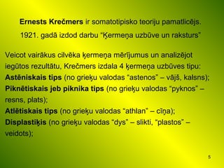 5
Ernests Krečmers ir somatotipisko teoriju pamatlicējs.
1921. gadā izdod darbu “Ķermeņa uzbūve un raksturs”
Veicot vairākus cilvēka ķermeņa mērījumus un analizējot
iegūtos rezultātu, Krečmers izdala 4 ķermeņa uzbūves tipu:
Astēniskais tips (no grieķu valodas “astenos” – vājš, kalsns);
Piknētiskais jeb piknika tips (no grieķu valodas “pyknos” –
resns, plats);
Atlētiskais tips (no grieķu valodas “athlan” – cīņa);
Displastiķis (no grieķu valodas “dys” – slikti, “plastos” –
veidots);
 