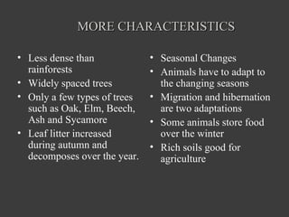 MORE CHARACTERISTICS Less dense than rainforests Widely spaced trees Only a few types of trees such as Oak, Elm, Beech, Ash and Sycamore Leaf litter increased during autumn and decomposes over the year. Seasonal Changes Animals have to adapt to the changing seasons Migration and hibernation are two adaptations Some animals store food over the winter Rich soils good for agriculture 