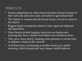 THREATS Human settlements are often found near these forests because of their rich soils and were easily converted to agricultural land The climate is warmer than the boreal forest, yet not so warm as the tropics Biggest threat to temperate forests is once again development and agriculture Other threats include logging; most trees are hardwoods, meaning they have a denser wood than most coniferous trees. They grow more slowly, meaning more pressure to cut the trees to maintain volume at the sawmill Acid Rain from coal-burning is another threat, as is global warming, which in particular may change rainfall patterns 