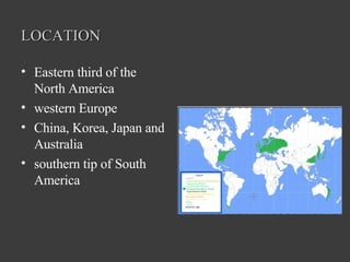 LOCATION Eastern third of the North America western Europe China, Korea, Japan and Australia  southern tip of South America 