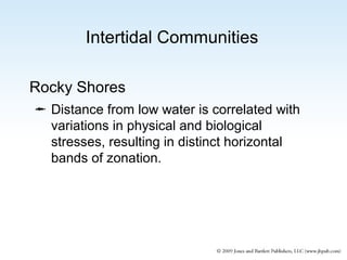 Intertidal Communities
Rocky Shores
 Distance from low water is correlated with
variations in physical and biological
stresses, resulting in distinct horizontal
bands of zonation.

 
