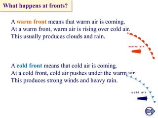 What happens at fronts?

A warm front means that warm air is coming.
At a warm front, warm air is rising over cold air.
This usually produces clouds and rain.

A cold front means that cold air is coming.
At a cold front, cold air pushes under the warm air.
This produces strong winds and heavy rain.

 