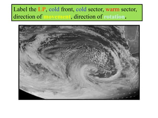 Label the LP, cold front, cold sector, warm sector,
direction of movement, direction of rotation.

 