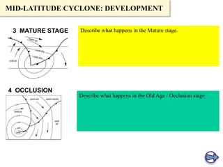 MID-LATITUDE CYCLONE: DEVELOPMENT
3 MATURE STAGE

4 OCCLUSION

Describe what happens in the Mature stage.

Describe what happens in the Old Age / Occlusion stage.

 