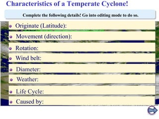 Characteristics of a Temperate Cyclone!
Complete the following details! Go into editing mode to do so.

Originate (Latitude):
Movement (direction):

Rotation:
Wind belt:

Diameter:
Weather:
Life Cycle:
Caused by:

 
