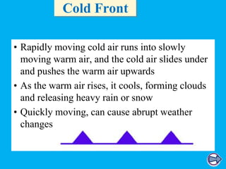 Cold Front
• Rapidly moving cold air runs into slowly
moving warm air, and the cold air slides under
and pushes the warm air upwards
• As the warm air rises, it cools, forming clouds
and releasing heavy rain or snow
• Quickly moving, can cause abrupt weather
changes

 