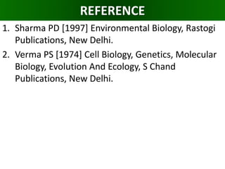 REFERENCE
1. Sharma PD [1997] Environmental Biology, Rastogi
Publications, New Delhi.
2. Verma PS [1974] Cell Biology, Genetics, Molecular
Biology, Evolution And Ecology, S Chand
Publications, New Delhi.
 