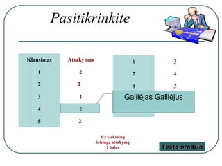 Pasitikrinkite

Klausimas   Atsakymas                       6         3
   1            2                           7         4
   2           3                            8         3
   3            1                     Galilėjas Galilėjus
                                        9             3
   4            2                           10       2
   5           2

                           Už kiekvieną
                        teisingą atsakymą
                              1 balas             Testo pradžia
 