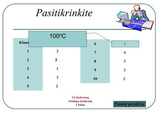 Pasitikrinkite

            1000C
Klausimas   Atsakymas                       6       3
   1            2                           7       4
   2           3                            8       3
   3            1                           9       3
   4            2                           10      2
   5           2

                           Už kiekvieną
                        teisingą atsakymą
                              1 balas            Testo pradžia
 
