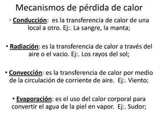 Mecanismos de pérdida de calor
• Conducción: es la transferencia de calor de una
local a otro. Ej:. La sangre, la manta;
• Radiación: es la transferencia de calor a través del
aire o el vacio. Ej:. Los rayos del sol;
• Convección: es la transferencia de calor por medio
de la circulación de corriente de aire. Ej:. Viento;
• Evaporación: es el uso del calor corporal para
convertir el agua de la piel en vapor. Ej:. Sudor;
 