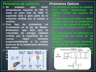 Pirómetros de radiación
Se emplean para medir
temperaturas mayores de 550 °C
hasta un poco más de 1600 °C
captando toda o gran parte de la
radiación emitida por el cuerpo a
analizar.
Este tipo de pirómetros se
fundamenta en la ley de Stefan-
Boltzmann, que dice que la
intensidad de energía radiante
emitida por la superficie de un
cuerpo negro aumenta
proporcionalmente a la cuarta
potencia de la temperatura absoluta
del cuerpo.
Usado donde las condiciones
mecánicas, tales como vibraciones
o choques acorten la vida de un par
termoeléctrico caliente
Pirómetros Ópticos
 Los pirómetros ópticos se emplean
para medir temperaturas de
objetos sólidos que superan los
700 ºC.
 El color con el que brilla un objeto
caliente varía con la temperatura
desde el rojo oscuro al amarillo y
llega casi al blanco a unos 1 300º
C.
 Una temperatura de referencia es
proporcionada en forma de un
filamento de
lámpara eléctricamente calentada,
y la medición de temperatura es
obtenida comparando de manera
óptica la radiación visual del
filamento contra la de la fuente de
calor a medir.
 