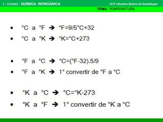 I - Unidad : QUÍMICA INORGÁNICA
TEMA: TEMPERATURA
I.E.P «Nuestra Señora de Guadalupe»
 