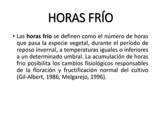HORAS FRÍO
• Las horas frío se definen como el número de horas
que pasa la especie vegetal, durante el período de
reposo invernal, a temperaturas iguales o inferiores
a un determinado umbral. La acumulación de horas
frío posibilita los cambios fisiológicos responsables
de la floración y fructificación normal del cultivo
(Gil-Albert, 1986, Melgarejo, 1996).
 