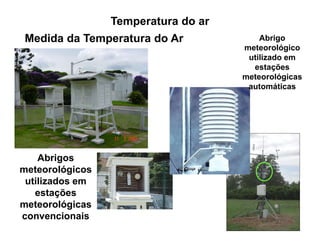 Medida da Temperatura do Ar
Abrigos
meteorológicos
utilizados em
estações
meteorológicas
convencionais
Abrigo
meteorológico
utilizado em
estações
meteorológicas
automáticas
Temperatura do ar
 