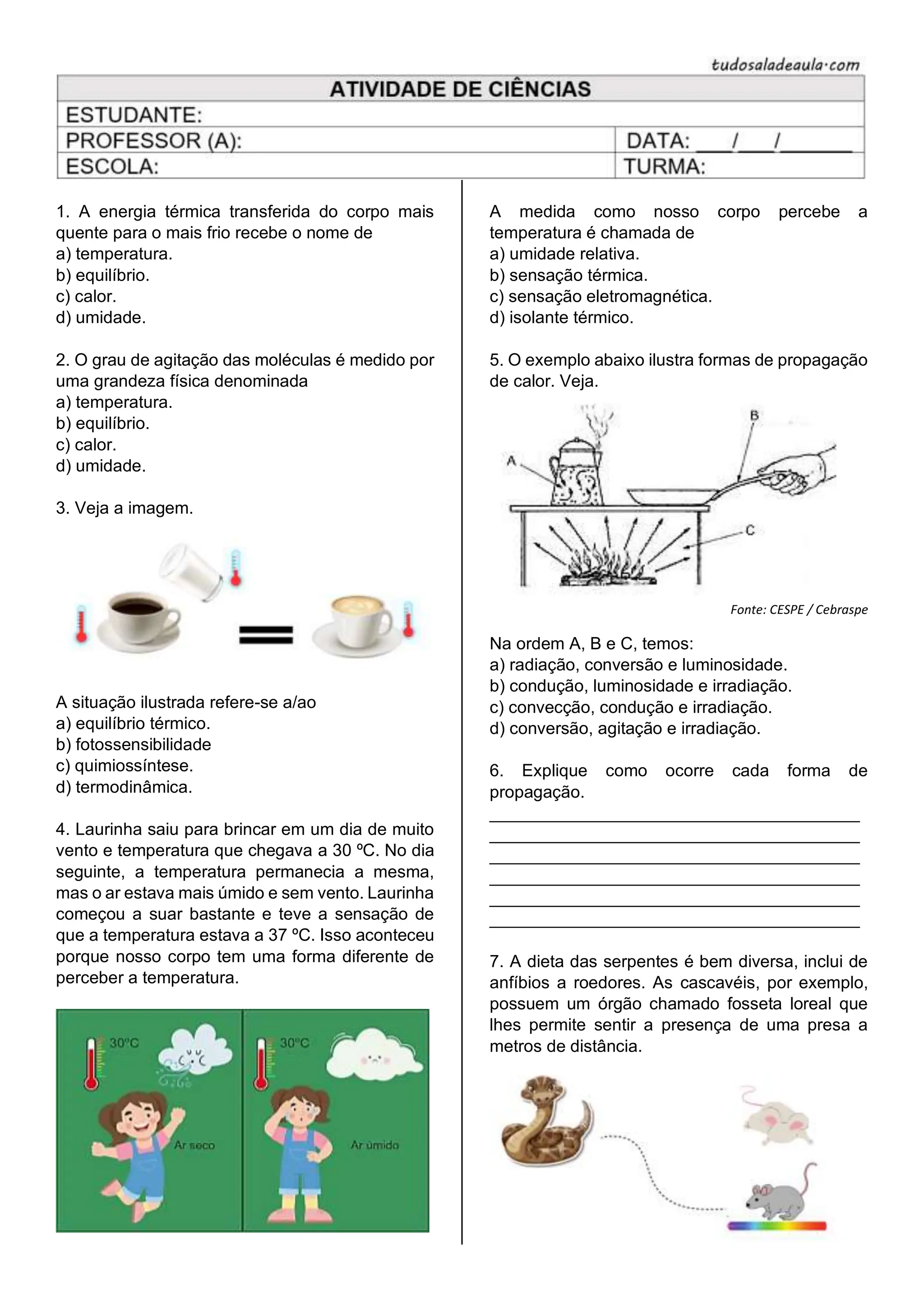 temperatura e calor.pdf atividade sétimo ano | PDF