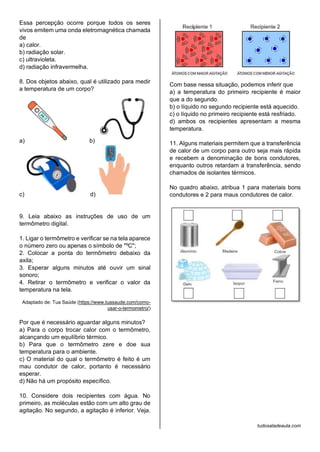 temperatura e calor.pdf atividade sétimo ano | PDF