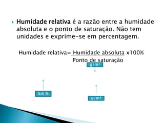  Humidade relativa é a razão entre a humidade
absoluta e o ponto de saturação. Não tem
unidades e exprime-se em percentagem.
Humidade relativa= Humidade absoluta x100%
Ponto de saturação
Em %
g/m³
g/m³
 
