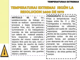 ARTÍCULO
65.
En
los
establecimientos de trabajo en
donde se realicen operaciones o
procesos a bajas temperaturas
(cuartos fríos, etc), los patronos
suministrarán a los trabajadores
overoles de tela semipermeable
con relleno de material aislante,
forro respectivo y cremallera,
capucha del mismo material con
espacio libre para los ojos, nariz y
boca, botas de caucho de media
caña de tipo
especial con
cremallera para introducir los
zapatos del operario; dos guantes
interior y exterior.

PARÁGRAFO. En los cuartos
fríos a temperaturas muy
bajas entre 0o. C y 20o.
Centígrados o menores, los
trabajadores no utilizarán
zapatos con suela de caucho
esponjosa;
permanecerán
dentro de los cuartos fríos por
períodos cortos de dos a
cuatro horas, por parejas,
con descanso de una hora, y
tomarán las
precauciones
para evitar entumecimiento y
contracción de los músculos
faciales y de otras partes del
cuerpo.

 