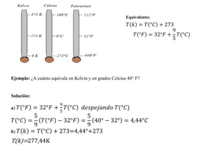 Ejemplo: ¿A cuánto equivale en Kelvin y en grados Celcius 40° F?
Solución:
a) 𝑇 °𝐹 = 32°𝐹 +
9
5
𝑇 °𝐶 𝑑𝑒𝑠𝑝𝑒𝑗𝑎𝑛𝑑𝑜 𝑇(°𝐶)
𝑇 °𝐶...