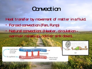 Convection Heat transfer by movement of matter in a fluid. Forced convection (Fan, Pump) Natural convection: (Heater,  circulation - warm air raises up, cold air sink down). 