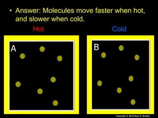• Answer: Molecules move faster when hot,
and slower when cold.
Hot Cold
Copyright © 2010 Ryan P. Murphy
A B
 