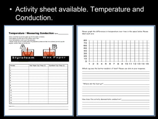 • Activity sheet available. Temperature and
Conduction.
 