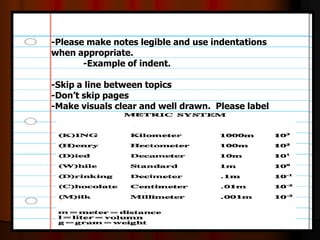 -Please make notes legible and use indentations
when appropriate.
-Example of indent.
-Skip a line between topics
-Don’t skip pages
-Make visuals clear and well drawn. Please label
 