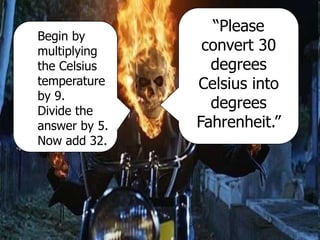 “Please
convert 30
degrees
Celsius into
degrees
Fahrenheit.”
Begin by
multiplying
the Celsius
temperature
by 9.
Divide the
answer by 5.
Now add 32.
 