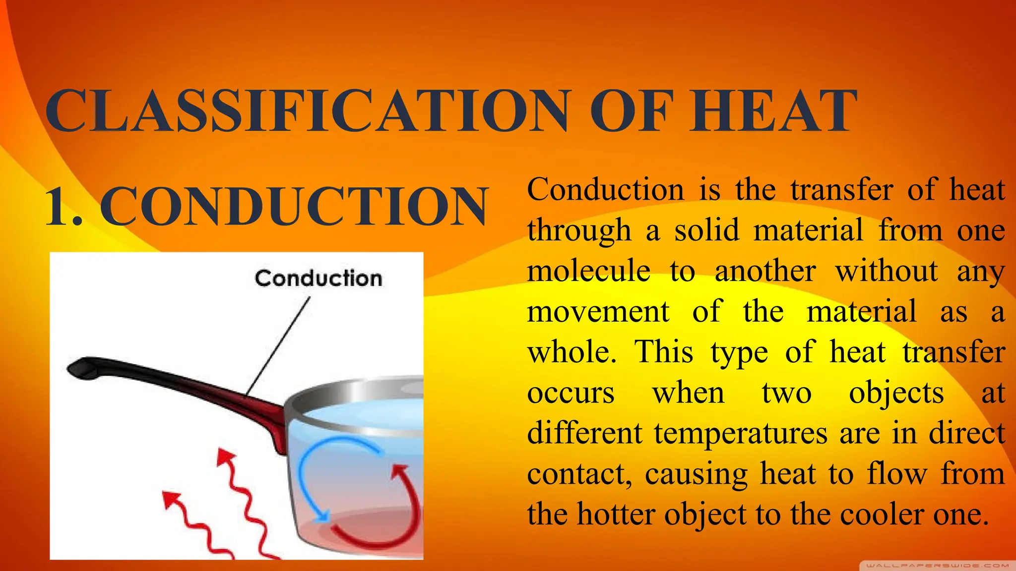 CLASSIFICATION OF HEAT
Conduction is the transfer of heat
through a solid material from one
molecule to another without any
movement of the material as a
whole. This type of heat transfer
occurs when two objects at
different temperatures are in direct
contact, causing heat to flow from
the hotter object to the cooler one.
1. CONDUCTION
 