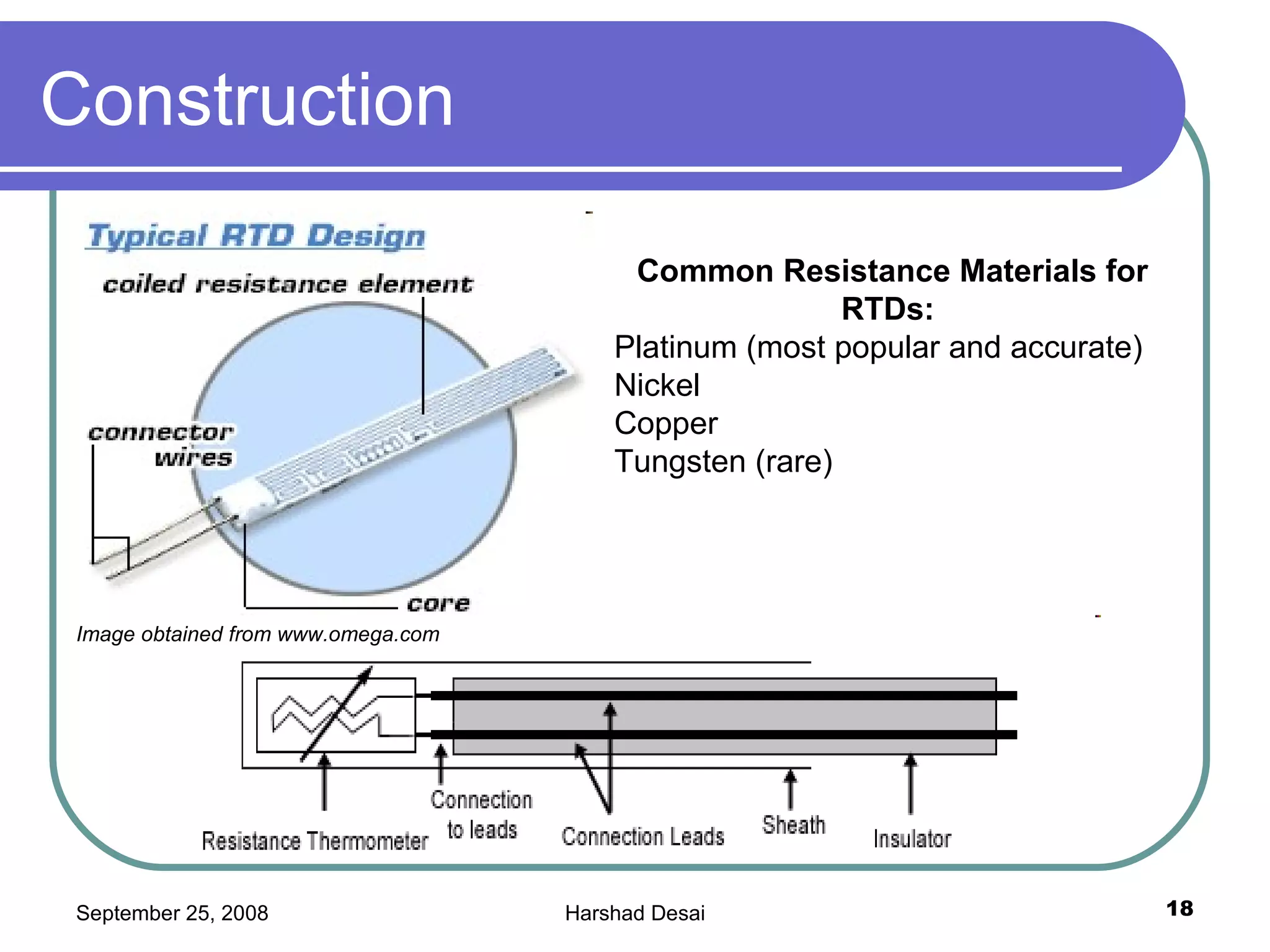 Construction  Common Resistance Materials for RTDs:   Platinum (most popular and accurate)  Nickel  Copper  Tungsten (rare)  Image obtained from www.omega.com 