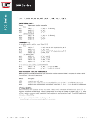100 Series100Series
12 	 w w w . u e o n l i n e . c o m 	 1 0 0 - B - 0 8
options for temperature models
UNION CONNECTORS**				
Option		Replacement Number	Description	
	 Brass
W027		 SD6213-27	 1⁄2” NPT w/ 3⁄4” bushing
W045		 SD6213-45	 3⁄4” NPT
W051		 SD6213-51	 1⁄2” NPT
	 304 Stainless Steel	
W028 		 SD6213-28	 1⁄2” NPT w/ 3⁄4” bushing
W046		 SD6213-46	 3⁄4” NPT	
W050		 SD6213-50	 1⁄2” NPT
	
THERMOWELLS**		 		
For all bulb & capillary switches, except Model 13545	 		
	 Brass				
W075		 SD6225-75	 1⁄2” NPT with 3⁄4” NPT adapter bushing, 4” BT	
W191		 SD6225-191	 1⁄2” NPT, 4” BT
W118		 SD6225-118	 1⁄2” NPT with 3⁄4” NPT adapter bushing, 7” BT
W192		 SD6225-192	 1⁄2” NPT, 7” BT
	 316 Stainless Steel
W076		 SD6225-76	 3⁄4” NPT, 4.5” BT				
W193		 SD6225-193	 1⁄2” NPT, 4.5” BT			
W119		 SD6225-119	 3⁄4” NPT, 7.5” BT		
W177		 SD6225-177	 1⁄2” NPT, 7.5” BT		
		
For all immersion stem switches; except Model 13546		
W139		 SD6225-139 	 3⁄4” NPT X 1-23/32” BT, BRASS 		
W140		 SD6225-140 	 3⁄4” NPT X 1-23/32” BT, 316 ST/ST
W000 IMMERSION STEM AND THERMOWELLS 	
Note: Option W000 is a special Immersion Stem construction that has no external thread. This option fits inside a special
thermowell and is secured with a set-screw.
		 	
Option		 Description
W000		 Immersion stem only, brass 		
W097		 Immersion stem and thermowell. Includes W000 stem and 1⁄2” NPT x 1-23/32” BT Brass thermowell		
W099		 Immersion stem and thermowell. Includes W000 stem and 1⁄2” NPT x 1-23/32” BT 316 st/st thermowell.		
	
OPTIONAL LENGTHS:
Optional immersion stem lengths to 15” may be available in Brass, with or without 316 st/st thermowell. Consult UE for
additional information and availability. Optional capillary length to *50’ may be available in Copper or 304 st/st. Armor
or Teflon® capillary protection may be available to lengths less than or equal to capillary length. Consult UE for additional
information and availability.
*Consult UE regarding repeatability and ambient effects on capillary lengths over 30’.
** Dimensional drawings for union connectors and thermowells may be found at www.ueonline.com
 