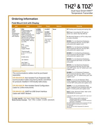 THZ3 & TDZ3
Dual Input Smart HART®
Temperature Transmitter
Page 13
Unit Input Output Power Options Housing
Ordering Information
TDZ3
Smart
HART
Temperature
Transmitter
with Display
PRG
Programmable with
standard HART
communicator or
HART compatible host;
program or monitor
with any FDT compliant
host or program, such
as PACTware, utilizing
our DTM.
RTD
2-, 3-, 4-Wire
Platinum,
Copper, Nickel
Thermocouple
(J, K, E, T, R, S, B,
N, C)
0-4000 ohms
-50-1000mV
(see Table 1
in Section 7 for
additional information)
4-20MA
Scalable
to narrower
ranges
12-42DC*
12-30DC
Intrinsically-
Safe (I.S.)
applications.
* Non-incendive
(Class 1 Div
2, Zone 2) by
default
None HP Hockey puck housing and spring clips
DN Snap-in mounting for HP case on
32mm G or 35mm Top-Hat DIN-rail
FL Mounting flanges on HP for relay track
or screw mounting
BH2NG (*) or (‡) Aluminum Explosion-
Proof enclosure with two 1/2-inch NPT
entry ports and a glass cover
BH2TG (*) or (‡) Aluminum Explosion-
Proof enclosure with two 3/4-inch NPT
entry ports and a glass cover
BH2MG (*) or (‡) Aluminum Explosion-
Proof enclosure with two M20 x 1.5 NPT
entry ports and a glass cover
BH3NG (*) or (‡) Aluminum Explosion-
Proof enclosure with three 1/2-inch NPT 	
entry ports
BH3TG (*) or (‡) Aluminum Explosion-
Proof enclosure with two 3/4-inch side-
entry NPT ports, one 1/2” bottom port, and
a glass cover
BH3MG (*) or (‡) Aluminum Explosion-
Proof enclosure with two, M20 x 1.5 side-
entry ports, one 1/2” bottom-entry port, and
a glass cover
SB2NG (*) or (‡) 316 Stainless Steel
2-Hub, Explosion-Proof enclosure with two,
1/2-inch NPT entry ports and a glass cover
SB2MG (*) or (‡) 316 Stainless Steel
2-Hub, Explosion-Proof enclosure with two,
M20 x 1.5 entry ports and a glass cover
D2LC 2-Hub, Aluminum base, clear cover,
IP66/NEMA 4X enclosure
* Either A or E suffix (comes supplied with 2” pipe mount
hardware)
	 A suffix indicates ANZEx/TestSafe (Ex d) 		
	 Flameproof approvals (i.e. BH2MGA)
	 E suffix indicates ATEX (Ex d and tD) Flameproof 	
	 approvals (i.e. BH2MGE)
‡ P suffix indicates enclosure comes equipped with base
plate and U-bolts for mounting on a 2-inch pipe 	
(i.e. BH2NGP)
See BH, SB and D-BOX Datasheets for additional
information.
Additional Parts
The communications cables must be purchased
separately:
P/N 804-030-26–Non-Isolated Fuse Protected USB
Communication Cable (required by IECEx and ATEX
for products installed in Intrinsically Safe areas)
P/N 803-040-26–Non-Isolated Serial Configuration
Cable for 2-Wire Instruments
P/N 804-021-26–HART-to-USB Smart Interface
Cable with HART Modem.
		
To order, specify: Unit / Input / Output / Power / [Housing]
Model Number Example:	TDZ3 / PRG / 4-20MA / 12-42DC / [BH2NGP]
Field Mount Unit with Display
 