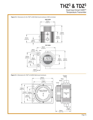 THZ3 & TDZ3
Dual Input Smart HART®
Temperature Transmitter
Page 15
84mm
(3.31 in)
118mm
(4.65 in)
130mm
(5.12 in)
112mm
(4.41 in)
83mm
(3.27 in)
64mm
(2.52 in)
CL
Interior Diameter
81mm (3.2 in)
Instrument
Tag
116mm
(4.57 in)
27mm
(1.06 in)
Conduit
Fitting
Cover
Body
Bezel
Figure 12. Dimensions for the TDZ3 in BH2 field-mount enclosure. BH3 not shown.
68mm
(2.68 in)
GND
1/2 NPT
102mm
(4.02 in)
84mm
(3.31 in)
68mm
(2.68 in)
64mm
(2.52 in)
10mm
(0.38 in)
124mm
(4.88 in)
25mm
(1.00 in)
102mm
(4.02 in)
119mm
(4.69 in)
76mm
(2.99 in)57mm
(2.24 in)
22mm
(0.87 in)
SIDE VIEW
TOP VIEW
ADDRADDRADDR
TDZ3
Figure 13. Dimensions for TDZ3 in D-BOX field-mount enclosure.
 