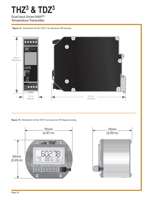 THZ3 & TDZ3
Dual Input Smart HART®
Temperature Transmitter
Page 16
ADDRADDADDRR62mm
(2.45 in)
75mm
(2.97 in)
75mm
(2.50 in)
TDZ3
5.31 in
[135mm]
4.04 in
[102.6mm]
1.11 in
[28mm]
SMART HART
TEMPERATURE
TRANSMITTER
DUAL SENSOR
Figure 14. Dimensions for the THZ3 in an aluminum DIN housing.
Figure 15. Dimensions for the TDZ3 in an aluminum HP display housing.
 