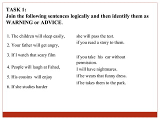 TASK 1:
Join the following sentences logically and then identify them as
WARNING or ADVICE.

1. The children will sleep easily,   she will pass the test.
                                     if you read a story to them.
2. Your father will get angry,

3. If I watch that scary film        if you take his car without
                                     permission.
4. People will laugh at Fahad,       I will have nightmares.
5. His cousins will enjoy            if he wears that funny dress.
                                     if he takes them to the park.
6. If she studies harder
 