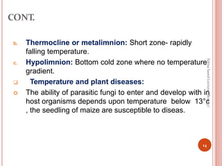 CONT.
b. Thermocline or metalimnion: Short zone- rapidly
falling temperature.
c. Hypolimnion: Bottom cold zone where no temperature
gradient.
 Temperature and plant diseases:
 The ability of parasitic fungi to enter and develop with in
host organisms depends upon temperature below 13°c
, the seedling of maize are susceptible to diseas.
14
Salma
Saeed
Lecturer
(Botany)
 