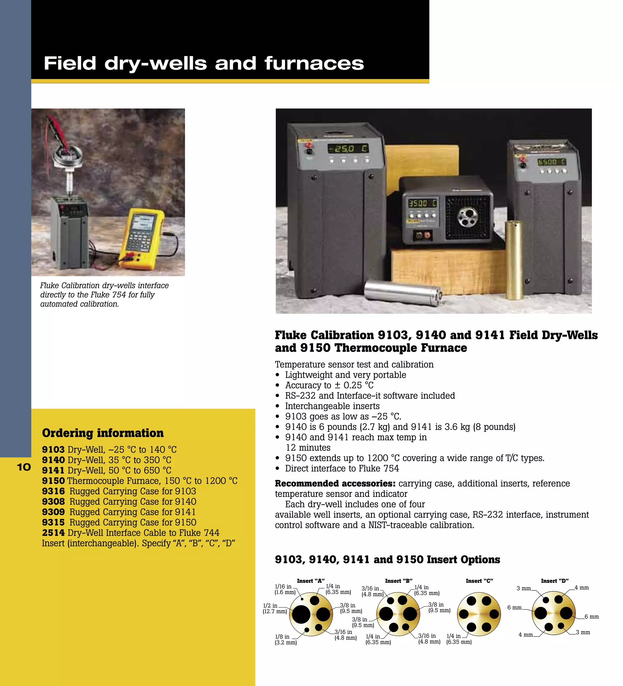 10
Insert “A” Insert “B” Insert “C” Insert “D”
1/16 in
(1.6 mm)
1/2 in
(12.7 mm)
1/8 in
(3.2 mm)
1/4 in
(6.35 mm)
1/4 in
(6.35 mm)
1/4 in
(6.35 mm)
1/4 in
(6.35 mm)
3 mm
3 mm
6 mm
6 mm
4 mm
4 mm
3/8 in
(9.5 mm)
3/8 in
(9.5 mm)
3/8 in
(9.5 mm)
3/16 in
(4.8 mm)
3/16 in
(4.8 mm)
3/16 in
(4.8 mm)
9103, 9140, 9141 and 9150 Insert Options
Fluke Calibration 9103, 9140 and 9141 Field Dry-Wells
and 9150 Thermocouple Furnace
Temperature sensor test and calibration
•	 Lightweight and very portable
•	 Accuracy to ± 0.25 °C
•	 RS-232 and Interface-it software included
•	 Interchangeable inserts
•	 9103 goes as low as –25 °C.
•	 9140 is 6 pounds (2.7 kg) and 9141 is 3.6 kg (8 pounds)
•	 9140 and 9141 reach max temp in
12 minutes
•	 9150 extends up to 1200 °C covering a wide range of T/C types.
•	 Direct interface to Fluke 754
Recommended accessories: carrying case, additional inserts, reference
temperature sensor and indicator
Each dry-well includes one of four
available well inserts, an optional carrying case, RS-232 interface, instrument
control software and a NIST-traceable calibration.
Fluke Calibration dry-wells interface
directly to the Fluke 754 for fully
automated calibration.
Ordering information
9103 Dry-Well, –25 °C to 140 °C
9140 Dry-Well, 35 °C to 350 °C
9141 Dry-Well, 50 °C to 650 °C
9150 Thermocouple Furnace, 150 °C to 1200 °C
9316	 Rugged Carrying Case for 9103
9308	 Rugged Carrying Case for 9140
9309	 Rugged Carrying Case for 9141
9315	 Rugged Carrying Case for 9150
2514 Dry-Well Interface Cable to Fluke 744
Insert (interchangeable). Specify “A”, “B”, “C”, “D”
10
Field dry-wells and furnaces
 