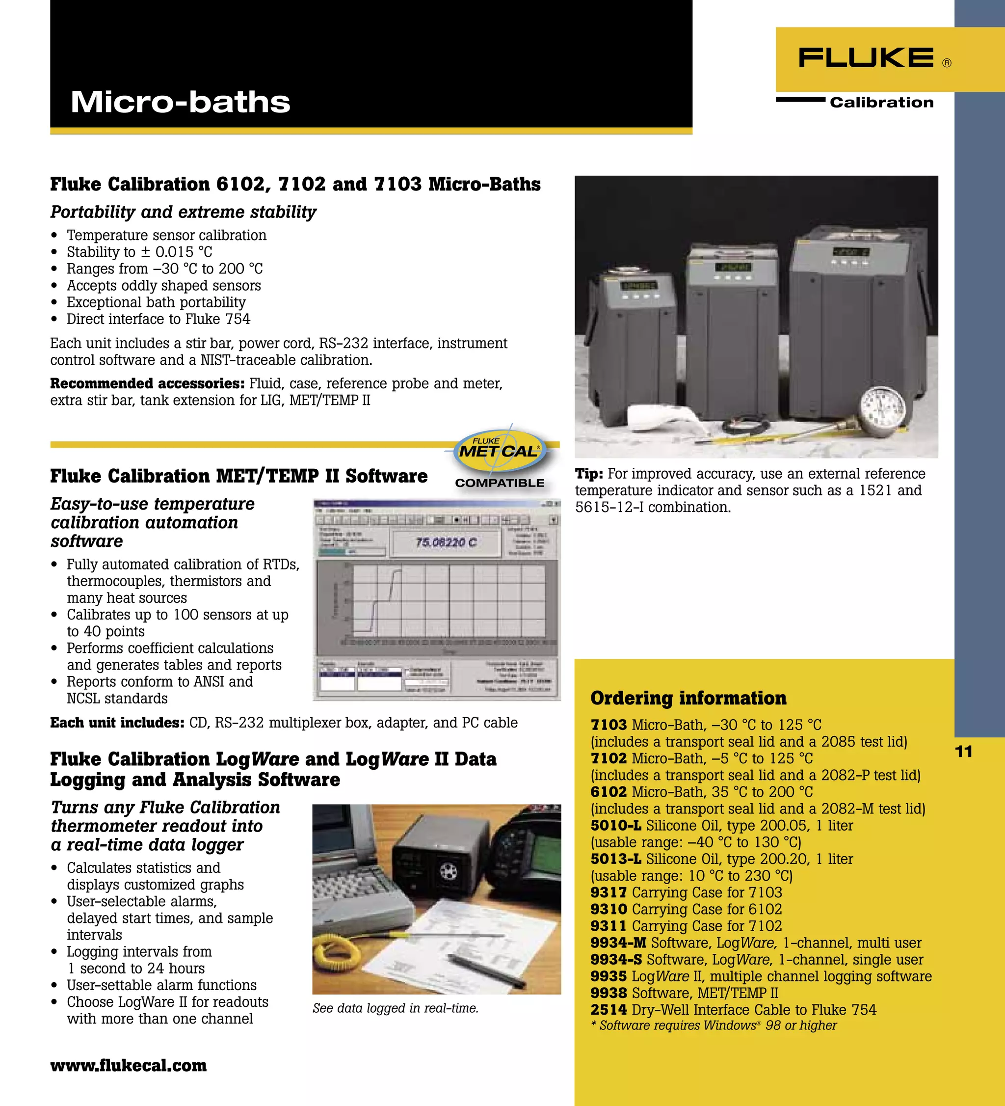 Fluke Calibration MET/TEMP II Software
Easy-to-use temperature
calibration automation
software
•	 Fully automated calibration of RTDs,
thermocouples, thermistors and
many heat sources
•	 Calibrates up to 100 sensors at up
to 40 points
•	 Performs coefficient calculations
and generates tables and reports
•	 Reports conform to ANSI and
NCSL standards
Each unit includes: CD, RS-232 multiplexer box, adapter, and PC cable
Fluke Calibration LogWare and LogWare II Data
Logging and Analysis Software
Turns any Fluke Calibration
thermometer readout into
a real-time data logger
•	 Calculates statistics and
displays customized graphs
•	 User-selectable alarms,
delayed start times, and sample
intervals
•	 Logging intervals from
1 second to 24 hours
•	 User-settable alarm functions
•	 Choose LogWare II for readouts
with more than one channel
11
Tip: For improved accuracy, use an external reference
temperature indicator and sensor such as a 1521 and
5615-12-I combination.
Ordering information
7103 Micro-Bath, –30 °C to 125 °C
(includes a transport seal lid and a 2085 test lid)
7102 Micro-Bath, –5 °C to 125 °C
(includes a transport seal lid and a 2082-P test lid)
6102 Micro-Bath, 35 °C to 200 °C
(includes a transport seal lid and a 2082-M test lid)
5010-L Silicone Oil, type 200.05, 1 liter
(usable range: –40 °C to 130 °C)
5013-L Silicone Oil, type 200.20, 1 liter
(usable range: 10 °C to 230 °C)
9317 Carrying Case for 7103
9310 Carrying Case for 6102
9311 Carrying Case for 7102
9934-M Software, LogWare, 1-channel, multi user
9934-S Software, LogWare, 1-channel, single user
9935 LogWare II, multiple channel logging software
9938 Software, MET/TEMP II
2514 Dry-Well Interface Cable to Fluke 754
* Software requires Windows®
98 or higher
11
See data logged in real-time.
Micro-baths
www.flukecal.com
Fluke Calibration 6102, 7102 and 7103 Micro-Baths
Portability and extreme stability
•	 Temperature sensor calibration
•	 Stability to ± 0.015 °C
•	 Ranges from –30 °C to 200 °C
•	 Accepts oddly shaped sensors
•	 Exceptional bath portability
•	 Direct interface to Fluke 754
Each unit includes a stir bar, power cord, RS-232 interface, instrument
control software and a NIST-traceable calibration.
Recommended accessories: Fluid, case, reference probe and meter,
extra stir bar, tank extension for LIG, MET/TEMP II
 