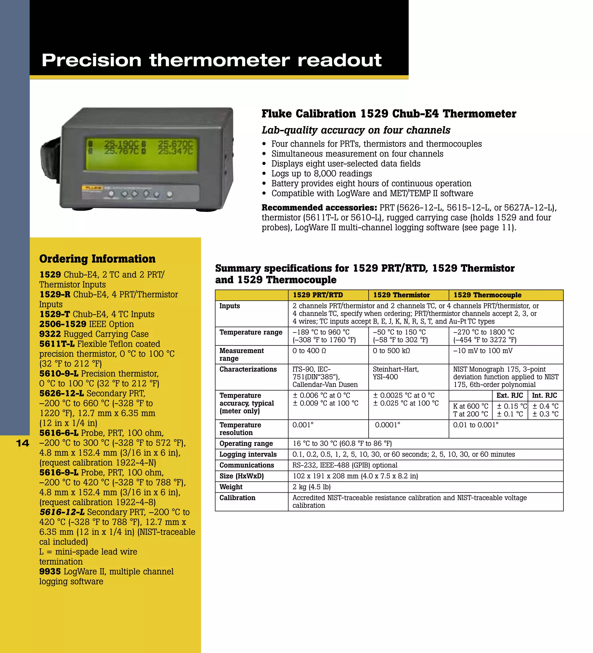 Ordering Information
1529 Chub-E4, 2 TC and 2 PRT/
Thermistor Inputs
1529-R Chub-E4, 4 PRT/Thermistor
Inputs
1529-T Chub-E4, 4 TC Inputs
2506-1529 IEEE Option
9322 Rugged Carrying Case
5611T-L Flexible Teflon coated
precision thermistor, 0 °C to 100 °C
(32 °F to 212 °F)
5610-9-L Precision thermistor,
0 °C to 100 °C (32 °F to 212 °F)
5626-12-L Secondary PRT,
–200 °C to 660 °C (-328 °F to
1220 °F), 12.7 mm x 6.35 mm
(12 in x 1/4 in)
5616-6-L Probe, PRT, 100 ohm,
–200 °C to 300 °C (-328 °F to 572 °F),
4.8 mm x 152.4 mm (3/16 in x 6 in),
(request calibration 1922-4-N)
5616-9-L Probe, PRT, 100 ohm,
–200 °C to 420 °C (-328 °F to 788 °F),
4.8 mm x 152.4 mm (3/16 in x 6 in),
(request calibration 1922-4-8)
5616-12-L Secondary PRT, –200 °C to
420 °C (-328 °F to 788 °F), 12.7 mm x
6.35 mm (12 in x 1/4 in) (NIST-traceable
cal included)
L = mini-spade lead wire
termination
9935 LogWare II, multiple channel
logging software
14
Precision thermometer readout
Fluke Calibration 1529 Chub-E4 Thermometer
Lab-quality accuracy on four channels
•	 Four channels for PRTs, thermistors and thermocouples
•	 Simultaneous measurement on four channels
•	 Displays eight user-selected data fields
•	 Logs up to 8,000 readings
•	 Battery provides eight hours of continuous operation
•	 Compatible with LogWare and MET/TEMP II software
Recommended accessories: PRT (5626-12-L, 5615-12-L, or 5627A-12-L),
thermistor (5611T-L or 5610-L), rugged carrying case (holds 1529 and four
probes), LogWare II multi-channel logging software (see page 11).
Summary specifications for 1529 PRT/RTD, 1529 Thermistor
and 1529 Thermocouple
1529 PRT/RTD 1529 Thermistor 1529 Thermocouple
Inputs 2 channels PRT/thermistor and 2 channels TC, or 4 channels PRT/thermistor, or
4 channels TC, specify when ordering; PRT/thermistor channels accept 2, 3, or
4 wires; TC inputs accept B, E, J, K, N, R, S, T, and Au-Pt TC types
Temperature range –189 °C to 960 °C
(–308 °F to 1760 °F)
–50 °C to 150 °C
(–58 °F to 302 °F)
–270 °C to 1800 °C
(–454 °F to 3272 °F)
Measurement
range
0 to 400 Ω 0 to 500 kΩ –10 mV to 100 mV
Characterizations ITS-90, IEC-
751(DIN“385”),
Callendar-Van Dusen
Steinhart-Hart,
YSI-400
NIST Monograph 175, 3-point
deviation function applied to NIST
175, 6th-order polynomial
Temperature
accuracy, typical
(meter only)
± 0.006 °C at 0 °C
± 0.009 °C at 100 °C
± 0.0025 °C at 0 °C
± 0.025 °C at 100 °C
Ext. RJC Int. RJC
K at 600 °C	
T at 200 °C
± 0.15 °C	
± 0.1 °C
± 0.4 °C
± 0.3 °C
Temperature
resolution
0.001° 0.0001° 0.01 to 0.001°
Operating range 16 °C to 30 °C (60.8 °F to 86 °F)
Logging intervals 0.1, 0.2, 0.5, 1, 2, 5, 10, 30, or 60 seconds; 2, 5, 10, 30, or 60 minutes
Communications RS-232, IEEE-488 (GPIB) optional
Size (HxWxD) 102 x 191 x 208 mm (4.0 x 7.5 x 8.2 in)
Weight 2 kg (4.5 lb)
Calibration Accredited NIST-traceable resistance calibration and NIST-traceable voltage
calibration
 