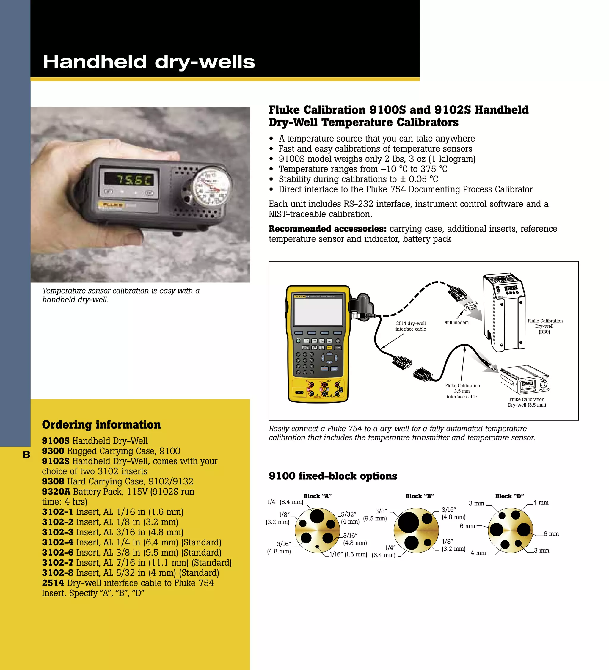 9100 fixed-block options
Fluke Calibration 9100S and 9102S Handheld
Dry-Well Temperature Calibrators
•	 A temperature source that you can take anywhere
•	 Fast and easy calibrations of temperature sensors
•	 9100S model weighs only 2 lbs, 3 oz (1 kilogram)
•	 Temperature ranges from –10 °C to 375 °C
•	 Stability during calibrations to ± 0.05 °C
•	 Direct interface to the Fluke 754 Documenting Process Calibrator
Each unit includes RS-232 interface, instrument control software and a
NIST-traceable calibration.
Recommended accessories: carrying case, additional inserts, reference
temperature sensor and indicator, battery pack
Temperature sensor calibration is easy with a
handheld dry-well.
Easily connect a Fluke 754 to a dry-well for a fully automated temperature
calibration that includes the temperature transmitter and temperature sensor.
Ordering information
9100S Handheld Dry-Well
9300 Rugged Carrying Case, 9100
9102S Handheld Dry-Well, comes with your
choice of two 3102 inserts
9308 Hard Carrying Case, 9102/9132
9320A Battery Pack, 115V (9102S run
time: 4 hrs)
3102-1 Insert, AL 1/16 in (1.6 mm)
3102-2 Insert, AL 1/8 in (3.2 mm)
3102-3 Insert, AL 3/16 in (4.8 mm)
3102-4 Insert, AL 1/4 in (6.4 mm) (Standard)
3102-6 Insert, AL 3/8 in (9.5 mm) (Standard)
3102-7 Insert, AL 7/16 in (11.1 mm) (Standard)
3102-8 Insert, AL 5/32 in (4 mm) (Standard)
2514 Dry-well interface cable to Fluke 754
Insert. Specify “A”, “B”, “D”
Handheld dry-wells
754 DOCUMENTING PROCESS CALIBRATOR
Null modem
Dry-well (3.5 mm)
Dry-well
(DB9)
2514 dry-well
interface cable
3.5 mm
interface cable
Fluke Calibration
Fluke Calibration
Fluke Calibration
8
 