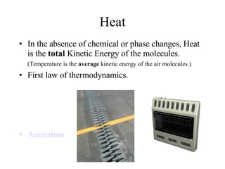 Heat In the absence of chemical or phase changes, Heat is the  total  Kinetic Energy of the molecules.  (Temperature is the  average  kinetic energy of the air molecules.)   First law of thermodynamics. Animation 