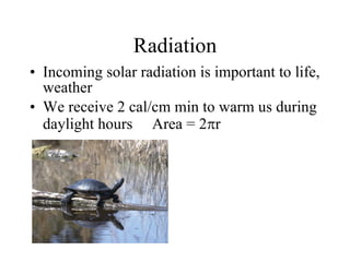 Radiation Incoming solar radiation is important to life, weather We receive 2 cal/cm min to warm us during daylight hours  Area = 2  r 